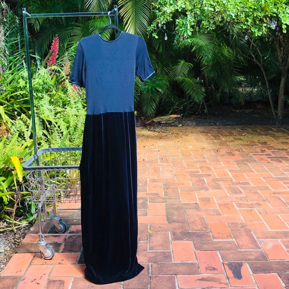 Vintage Two-Tone Long Maxi Velvet Navy Dress